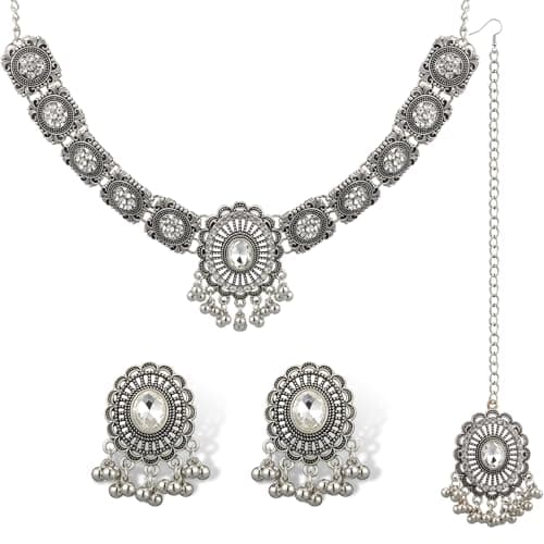 Quelay 3 Pcs Indian Jewelry Set for Women Indian Traditional Statement Choker Necklace Earrings Forehead Jewelry Gifts Rhinestone Maang Tikka Bridal Wedding Prom Set(Classic,Silver)