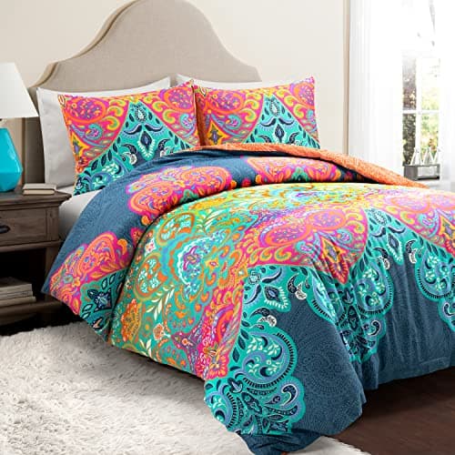 Lush Decor Boho Chic Reversible Cotton Duvet Cover King Size 3 Piece Set Turquoise Navy Colorful Bedding Set King Duvet Cover Boho Bedroom Decor