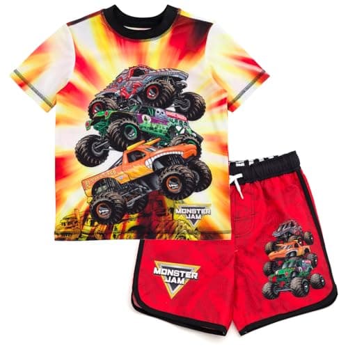 Monster Jam Grave Digger El Toro Loco ThunderROARus Toddler Boys UPF 50+ Rash Guard & Swim Trunks Outfit Set Orange/Red 3T
