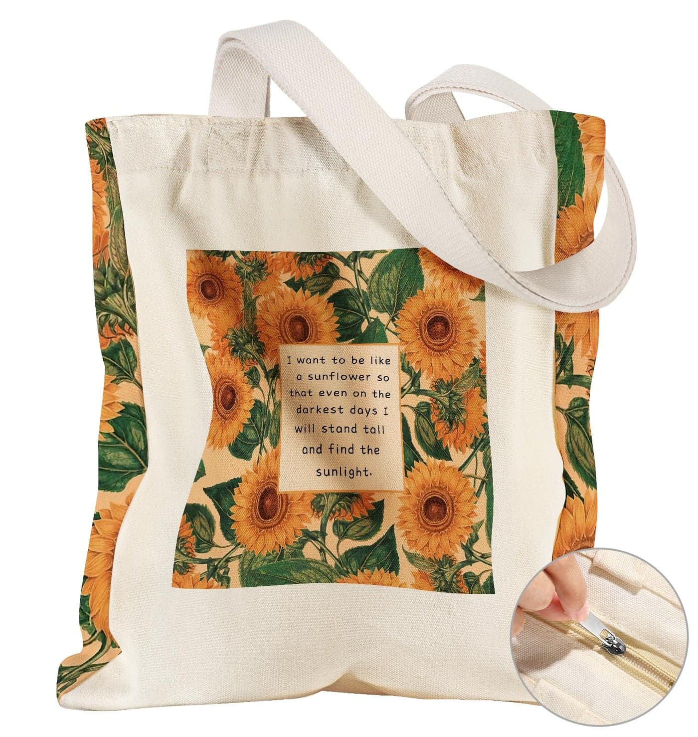 Miss Adola Large Canvas Tote Bag for Women - with Zipper and Inner Pocket Aesthetic Cute Shoulder Bag Reusable Grocery Shopping Bags Cotton Tote Bag for Gym Daily Travel, Sunflower Text