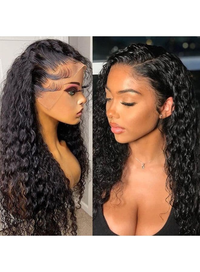 180 Density 13x4 HD Lace Front Wigs Human Hair Pre Plucked with Baby Hair Transparent Glueless Brazilian Deep Wave Frontal Wigs for Black Women Natural Black Color(20Inch)
