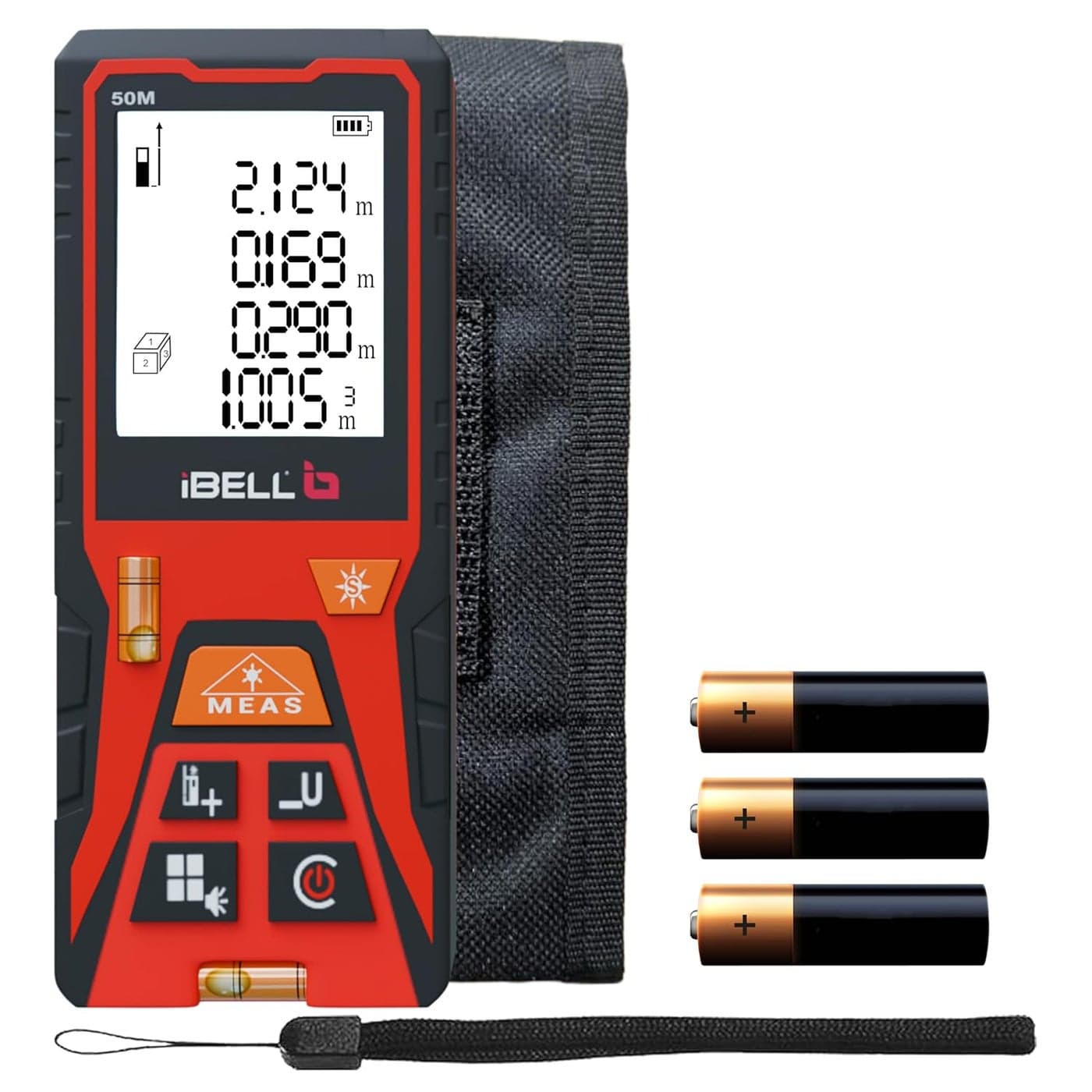 iBELL DM12002 Laser Distance Meter 120M Indoor Outdoor MaxMin Continuous Area Volume Pythagoras Unit Conversion 30 Data Records Auto Off Battery Included Home Professional