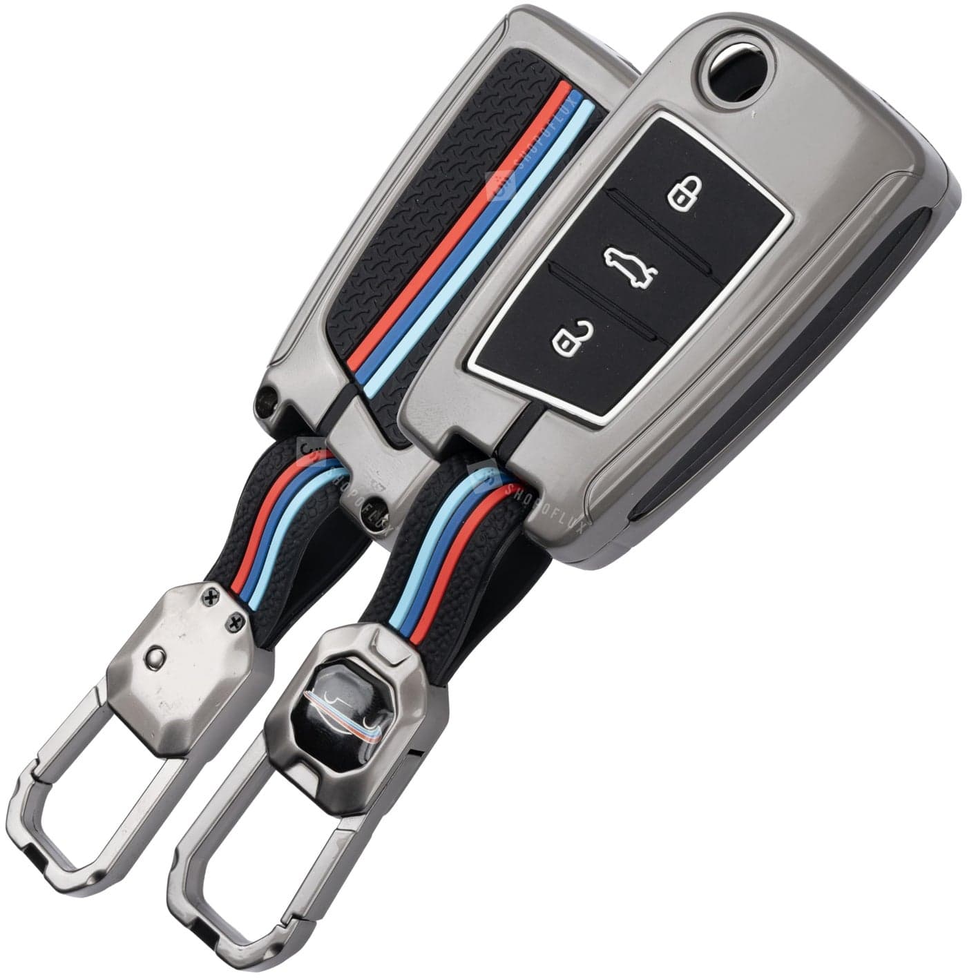 SHOPOFLUX Metal Key Cover Compatible for Skoda & Volkswagen Cars Kylaq | Slavia | Kushaq | Octavia | Virtus | Taigun | Tiguan | T Roc 3 Button Flip Key (Black)