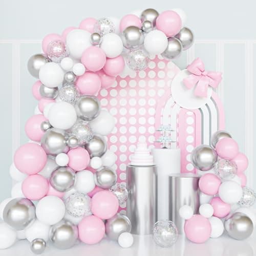 Silver Pink Balloons Garland Kit 100pcs White and Silver Confetti Metallic Latex Balloons Arch with 16ft Tape Strip Dot Glue for Girl Baby Shower Birthday Party Wedding Anniversary Decorations