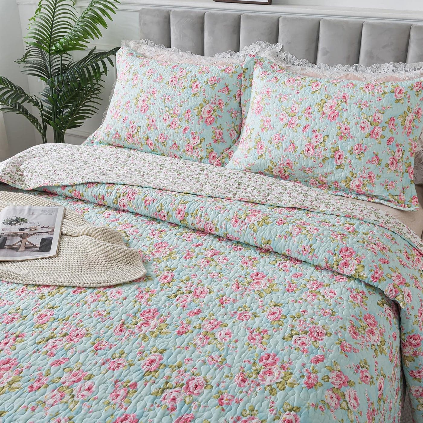 Brandream Full Size Shabby Chic Floral Quilt Set Cotton Bedspread Farmhouse Quilted Comforter Sets 3Piece