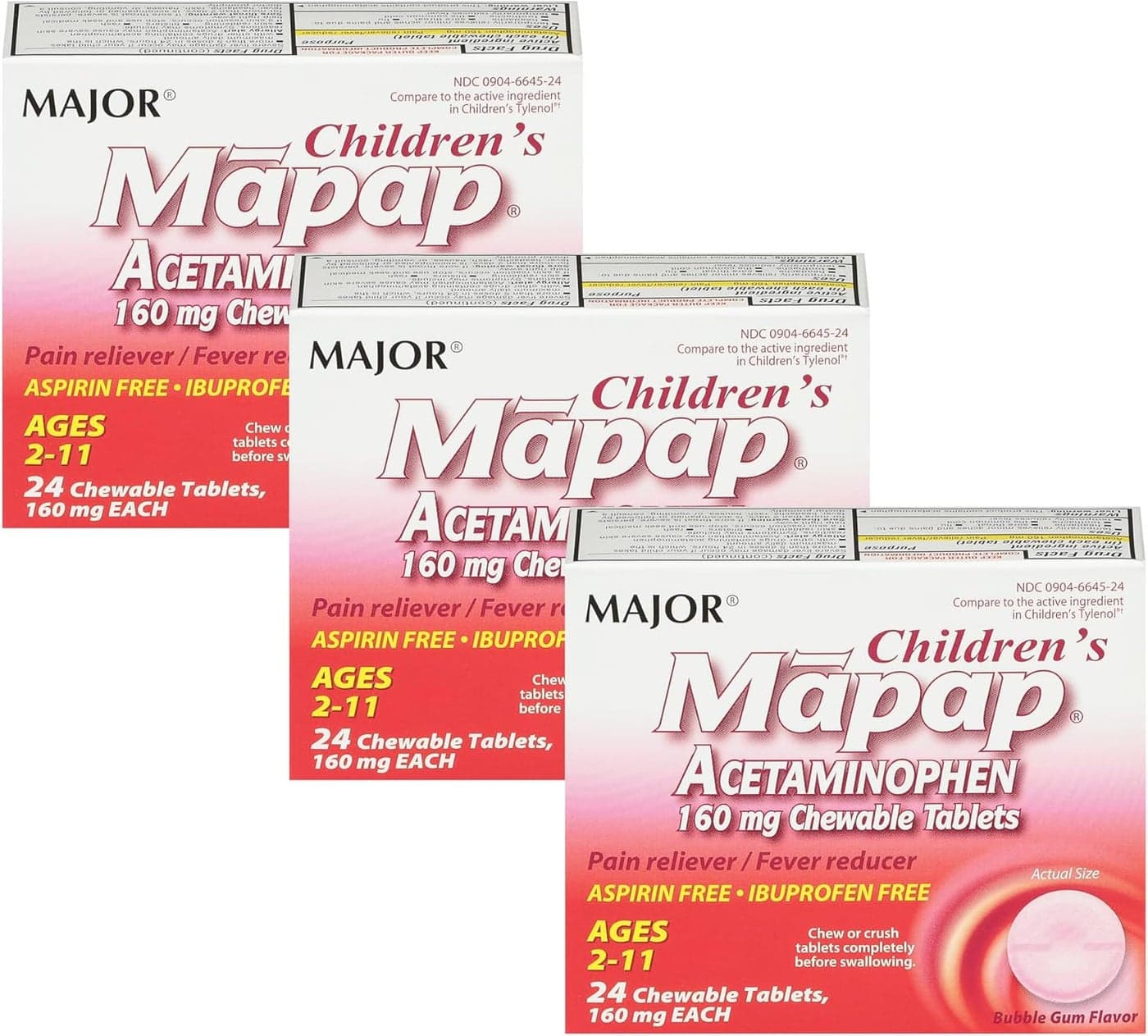 MAJOR Childrens Mapap Acetaminophen 160 mg Chewable Tablets Pain RelieverFever Reducer Aspirin Free Ibuprofen Free for Ages 2 to 1124 Count 3 Pack
