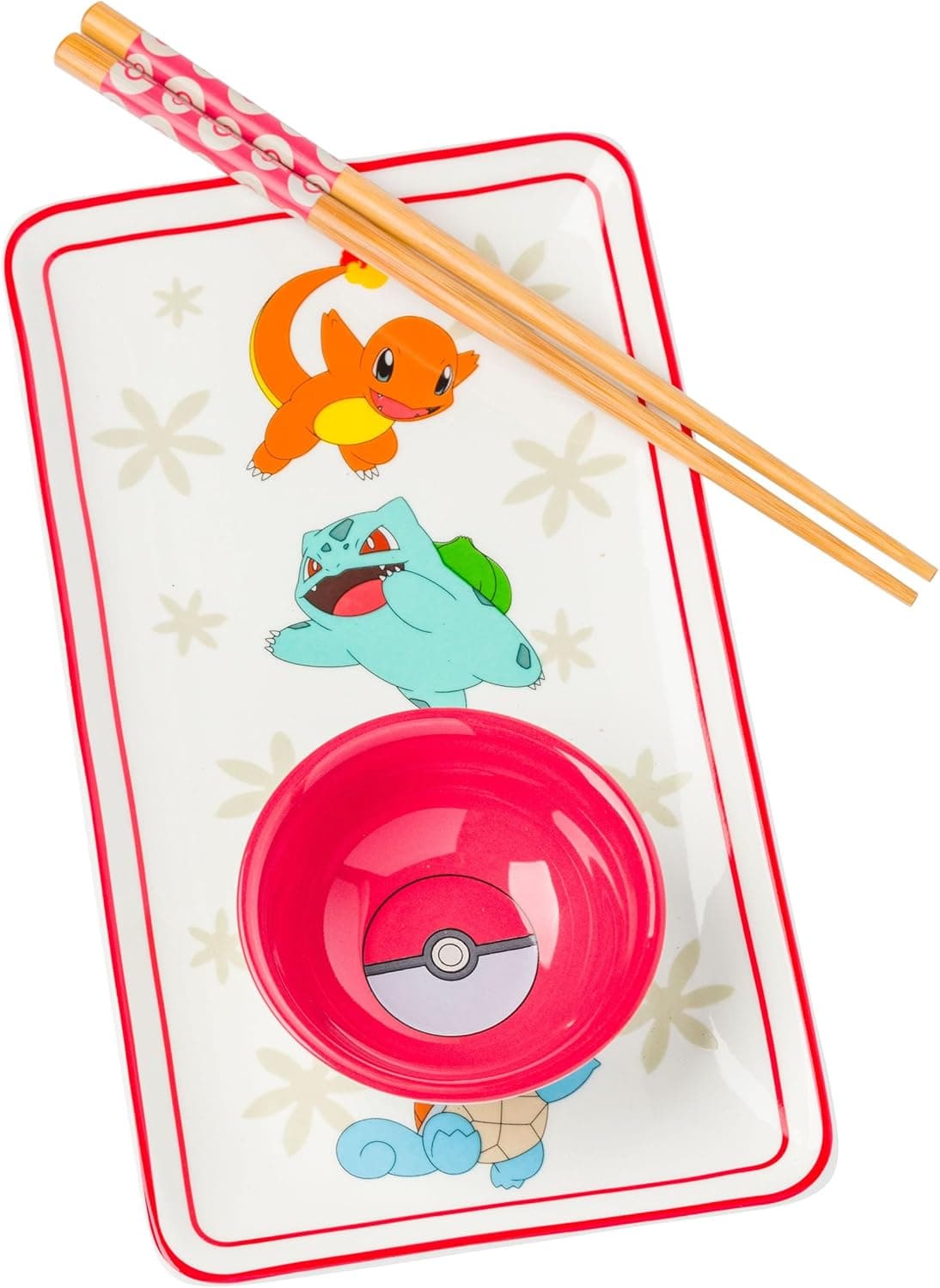 Silver Buffalo Pokemon Original Starters Featuring Charmander Bulbasaur Squirtle and Pikachu Pokeball Ceramic Sushi Set with Dipping Sauce Dish and Matching Chopsticks
