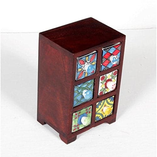 Home and Bazaar 6-Drawer Wooden Chest | Handcrafted Mini Storage Organizer with Assorted Ceramic Drawers | Traditional Indian Design for Home, Kitchen, Office – 13.75x12x18 cm
