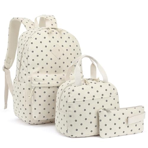 Xunteny Corduroy School Backpack Girls Kids Teens School Bookbags Schoolbag Set with Lunch Box Pencil Bag (Beige Corduroy Flowers)