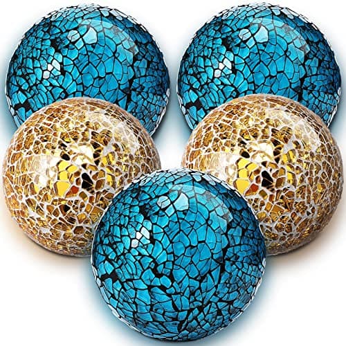 Honeydak 5 Pieces Glass Mosaic Sphere Decorative Balls for Centerpiece Bowls Turquoise Decorative Glass Balls Orbs Decorative Vases Fillers for Home Decoration Dining Table Bowls Tray