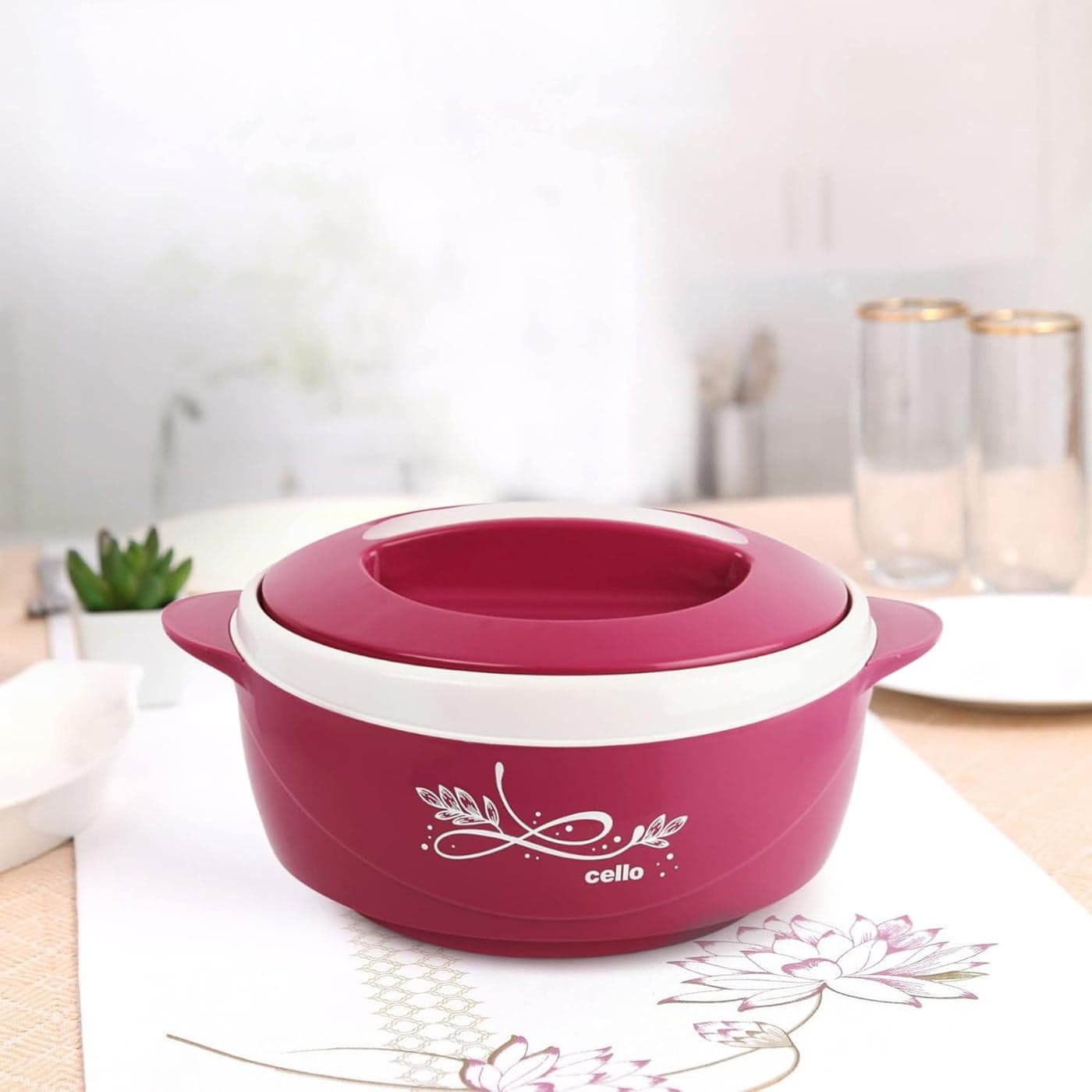 CELLO Sapphire Insulated Inner Steel Casserole for Roti 1500ml Pink Hot Box for Kitchen Hot Pot for Home Chapati Box Locks in The Cold Heat for Long Serving Bowl with Lid