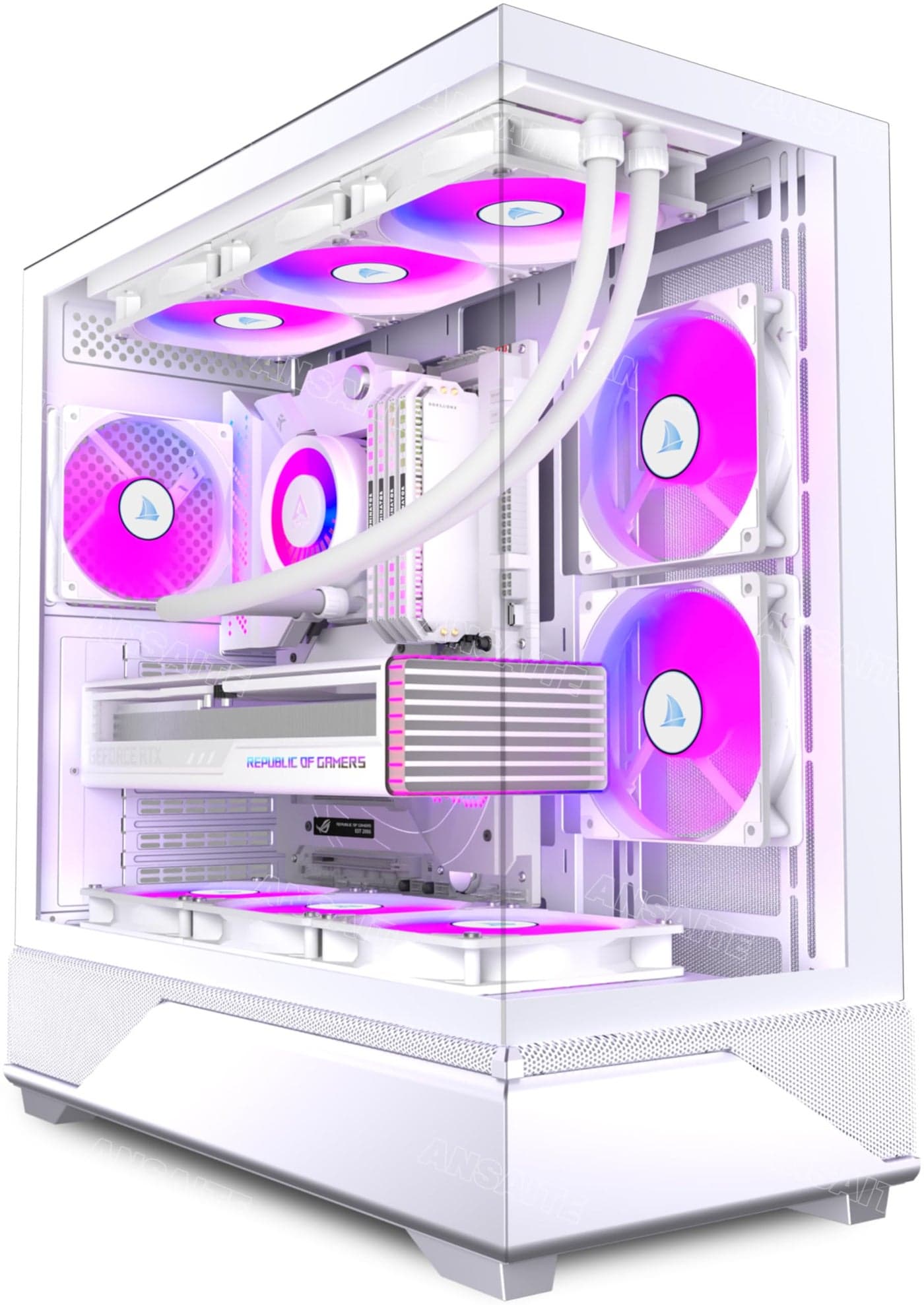 ANSAITE PC CASE 6 PWM ARGB Fans Pre-Installed, Mid-Tower Gaming PC Case, Panoramic Tempered Glass Computer Case with Type-C,360mm Radiator Support,White,G8