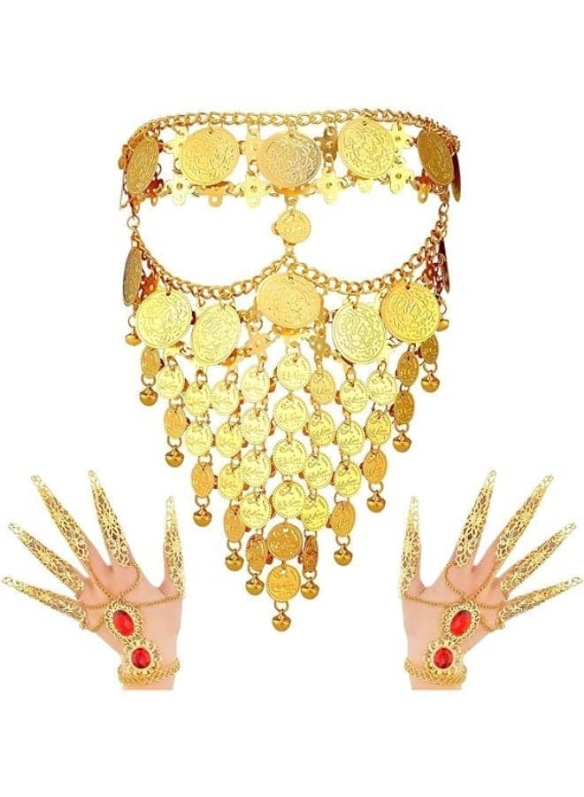 Lady Cosplay Belly Dance Jewelry Coin Veil Sets Halloween Carnival Play Accessories Egyptian Gold Bracelets with Finger Nails Gypsy Egyptian Bracelet for Halloween Costume