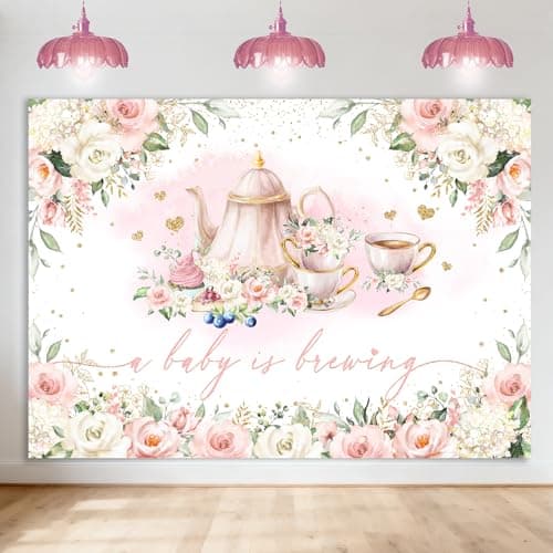 Avezano A Baby is Brewing Baby Shower Backdrop Tea Party Theme Girls Baby Shower Party Decorations Pink Floral Let's PAR Tea Photoshoot Background Banner (7x5ft)