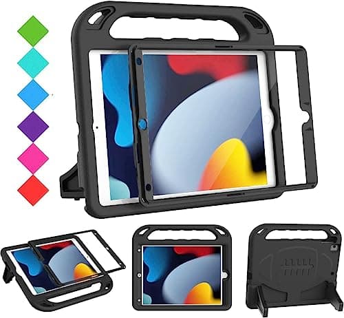 BMOUO Kids Case for iPad 9th/8th/7th Generation (2021/2020/2019), with Built-in Screen Protector, Shockproof Handle Stand Kids iPad 10.2 Case, Black
