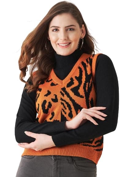 Modeve Printed V Neck Casual Women Sweater, Rust, L||Winterwear||