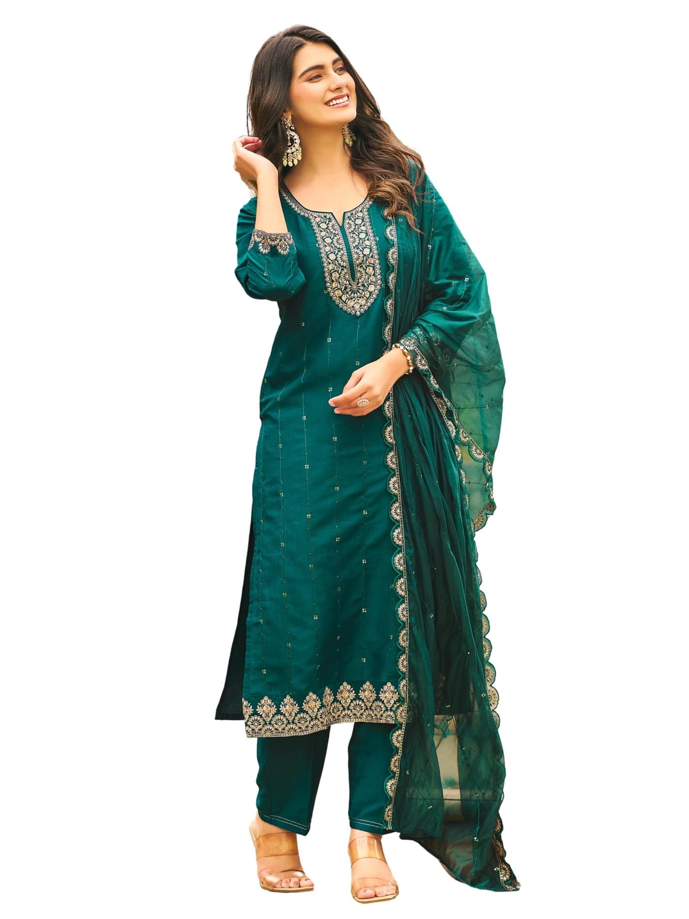 MOKOSH Women's Muslin Embroidered Green Kurta Pant Dupatta Set