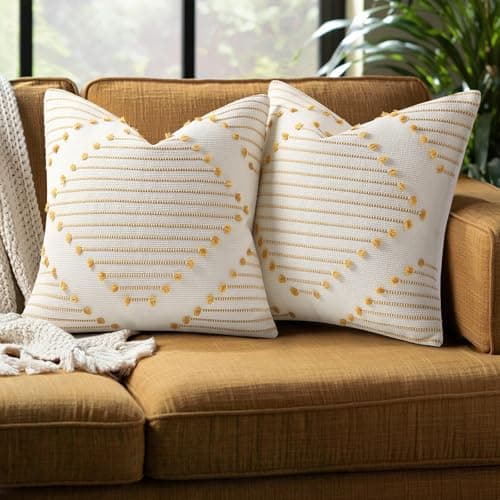Mecatny Boho Summer Outdoor Throw Pillow Covers 20X20 Set of 2, Farmhouse Decorative Pillow Covers for Couch Sofa Living Room, Yellow & White