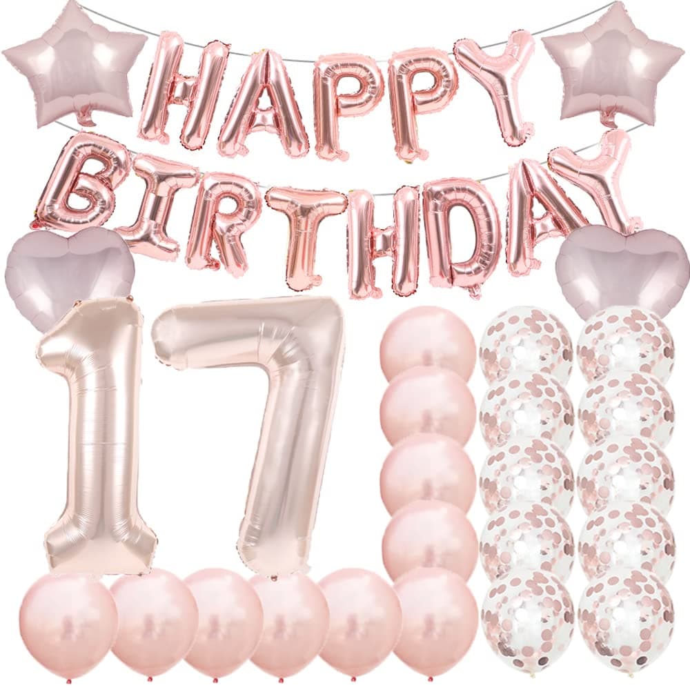 ZSNWGZ Sweet 17th Birthday Decorations Party SuppliesRose Gold Number 17 Balloons17th Foil Mylar Balloons Latex Balloon Decoration17th Birthday for WomenMenPhoto Props