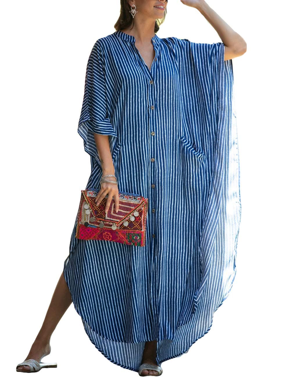 Bsubseach Button Down Kaftan Dress for Women Beach Cover Up Caftans Oversized Beach Wear Long Kimonos Swimsuit Coverup Blue Striped