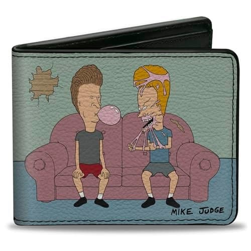 Buckle-Down MTV Wallet, Bifold, Beavis and Butt Head Living Room Bubble Gum Scene and Logo, Vegan Leather