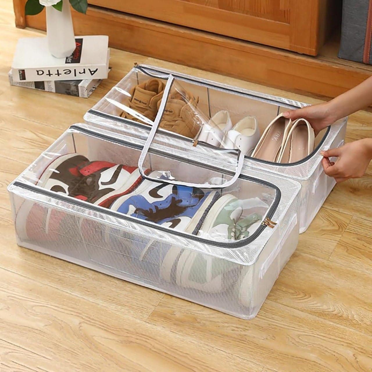ABUDIT Transparent UnderBed Clothes Storage Bag Organizer 27 Litre Dustproof with Zipper Reinforced Handles for Blankets Toys Shoes 60x30x15 cm