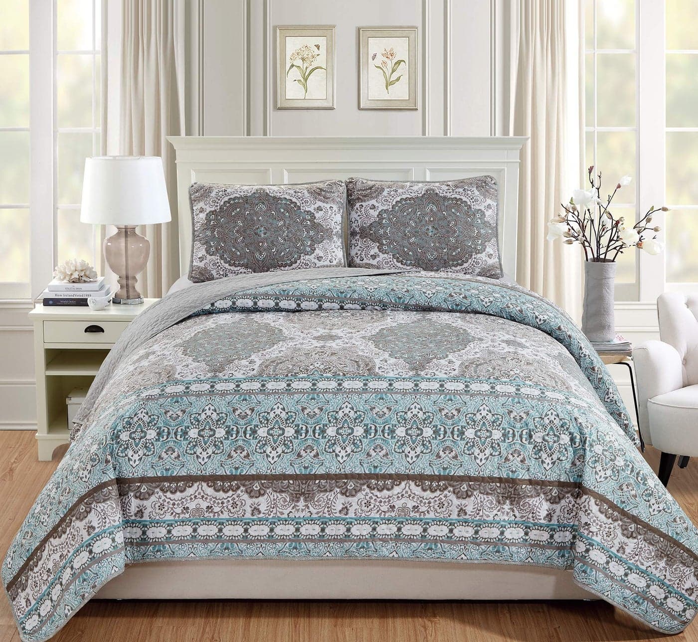 Fancy Linen 3pc Quilted Coverlet Bedspread Set New KingCalifornia King Brown Teal Floral