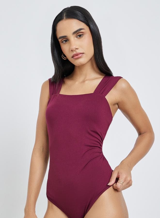 Styli Women Burgundy Square Neck Bodysuit