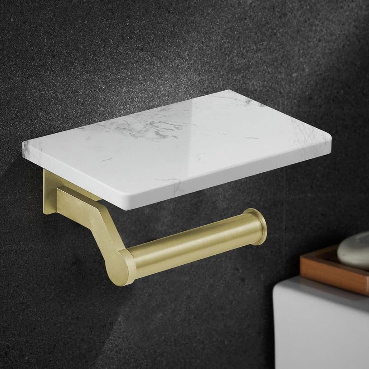 Hoimpro Brushed Gold Aluminum Toilet Paper Holder with White Natural Marble Shelf Wall Mounted Tissue Hand Paper Roll Storage Holder for Bathroom Kitchen Washroom Bedroom