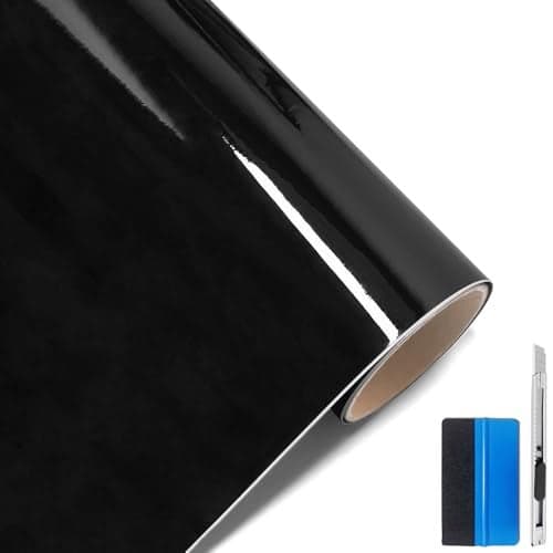 LZLRUN High Gloss Black Vinyl Wrap Self Adhesive Air Release Bubble Outdoor Rated for Automotive Use 12 x 60 Knife Hand Tool 1FT X 5FT