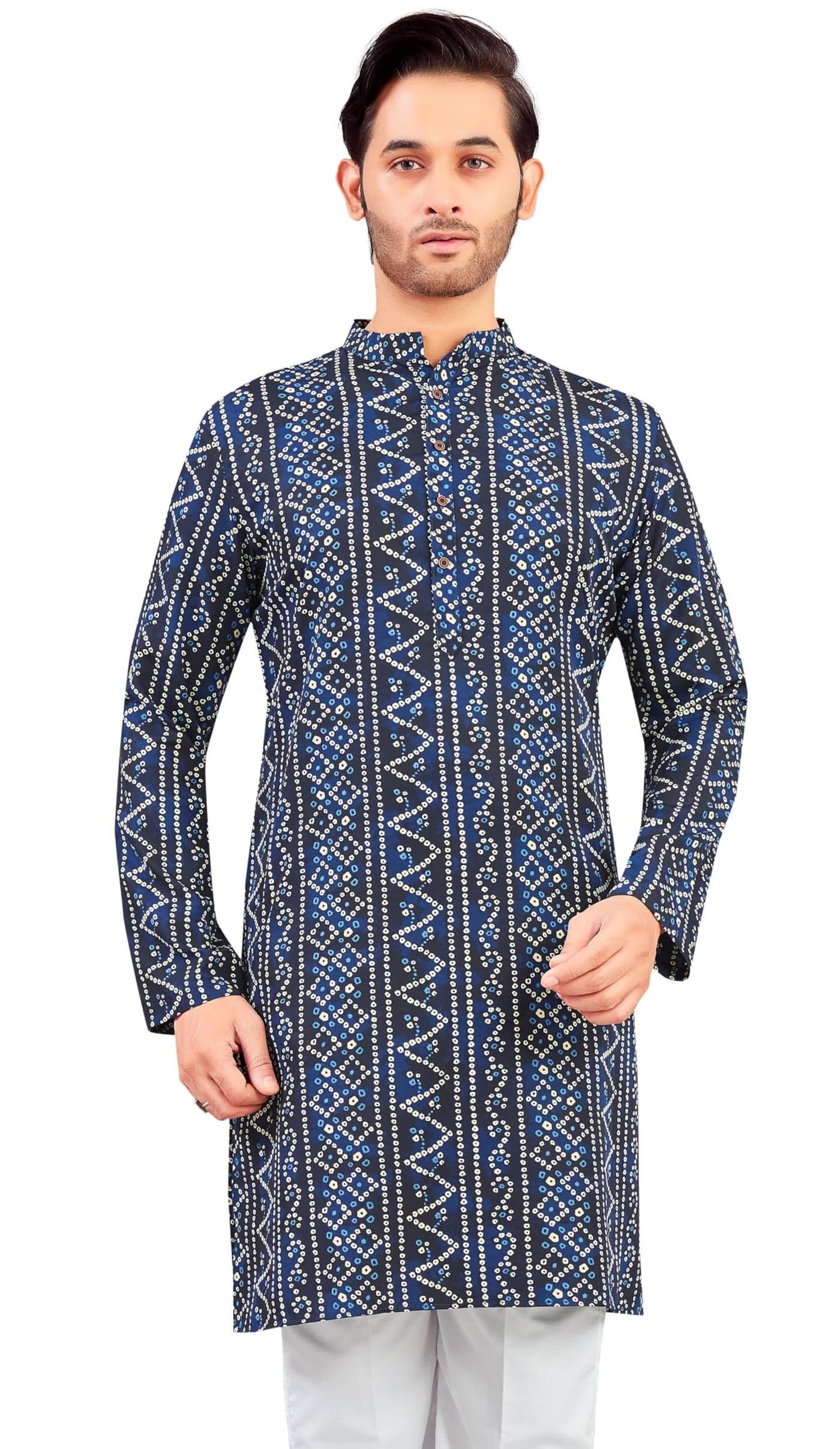 Studio Shringaar Men's Navy Blue Bandhni Print Knee Length Relax Fit Kurta (Navy Blue, 5XL)