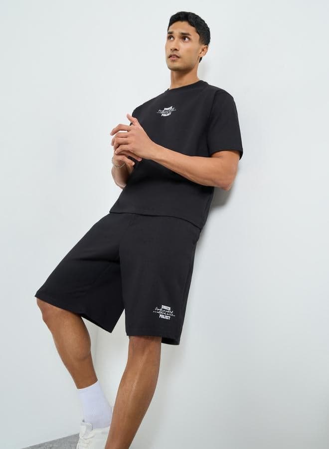 Men Black Oversized T-Shirt and Drop-Crotch Shorts Co-Ords