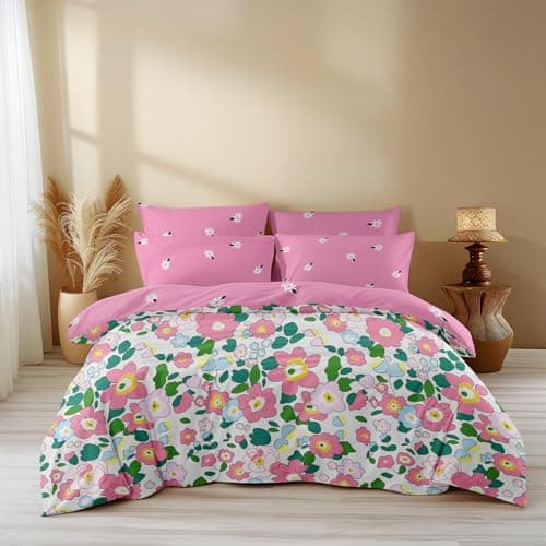 LOOMLYFE 300 TC All Season King Size AC Comforter || Blanket || Duvet with 1 King Size Elastic Fitted Bedsheet and 2 Large Pillow Cover - 4 Piece Comforter Set - PinkFlower