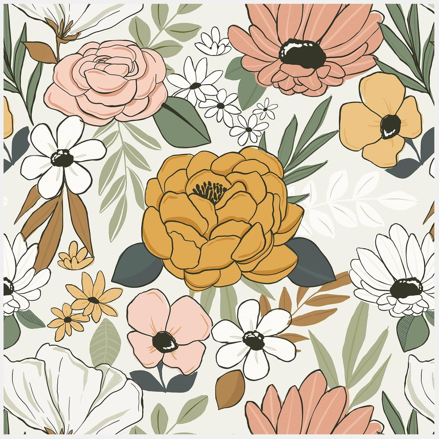 HAOKHOME Vintage Large Floral Peel and Stick Wallpaper Removable Daisy Leaf MushroomSandOliva Vinyl Self Adhesive Mural 177in x 98ft