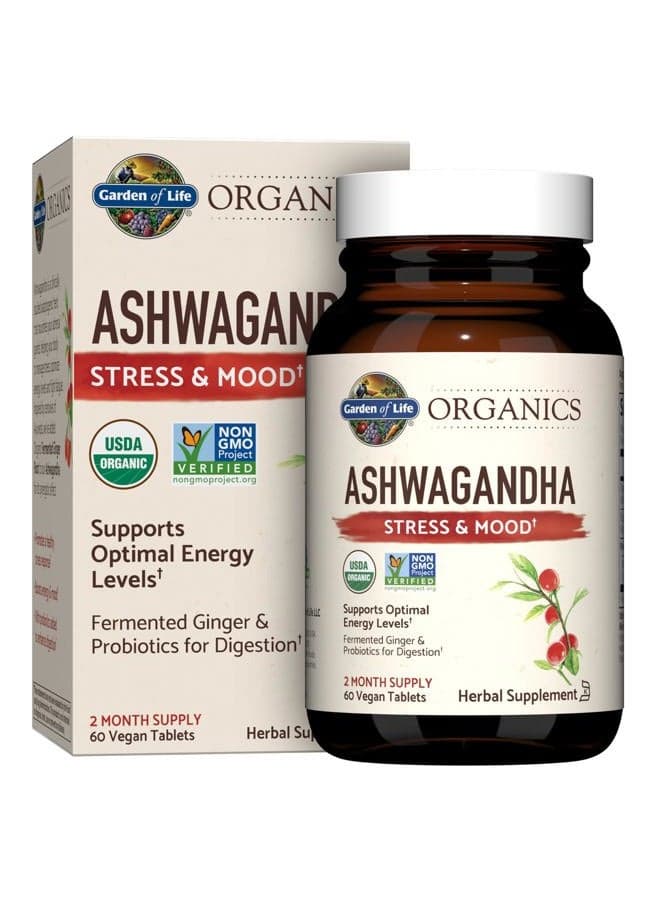 Organic Ashwagandha Supplement with Probiotics & Ginger - Stress, Mood & Energy Support, Vegan, Gluten Free, Non GMO, 2 Month Supply, 60 Tablets