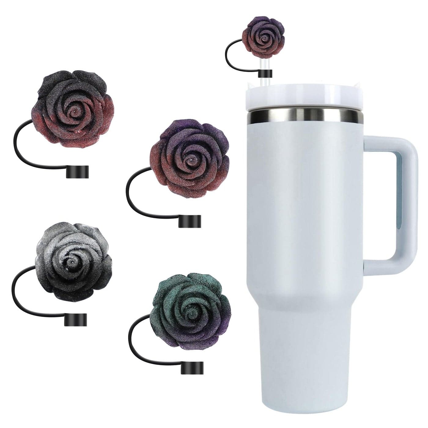 Stanley Straw Cover Cap 4PCS Glitter Toppers for Stanley Cup Reusable Tumbler Accessories Compatible with 10mm Straw Christmas Funny Gifts for Women Girls Black ROSE