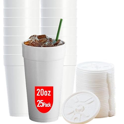 20 OZ Foam Cups With Lids for Hot & Cold Drinks, USA-Made 25-Pack. Ideal Styrofoam Coffee Cups, Insulating To-Go Cups for Soda, Tea, Juice - Sturdy, Disposable & comparable to Industry standard 20J20