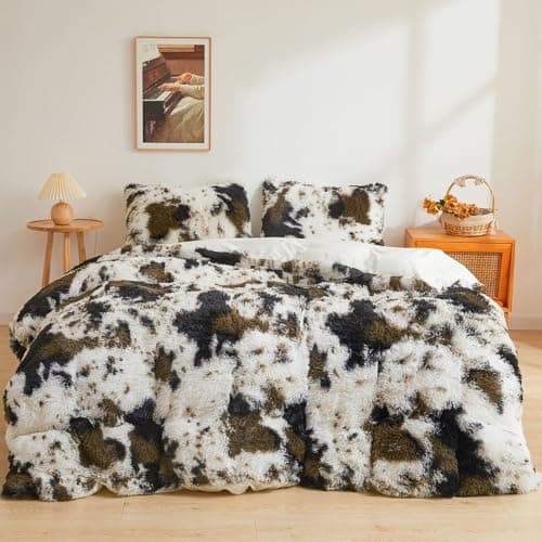 XeGe Cow Print Fluffy Faux Fur Duvet Cover Set, 3 Pieces Soft Plush Shaggy Fuzzy Bedding Set(1 Faux Fur Farmhouse Comforter Cover + 2 Furry Pillowcases), Zipper Closure(Queen, Cow Print Brown)
