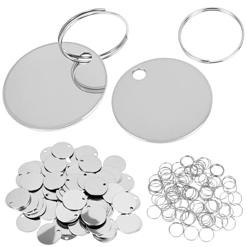 QWORK 100pcs Metal Stamping Blanks Stainless Steel Blank Tags with Key Rings 118 Round Engraving Discs Polished Metal Dog Tags with Hole