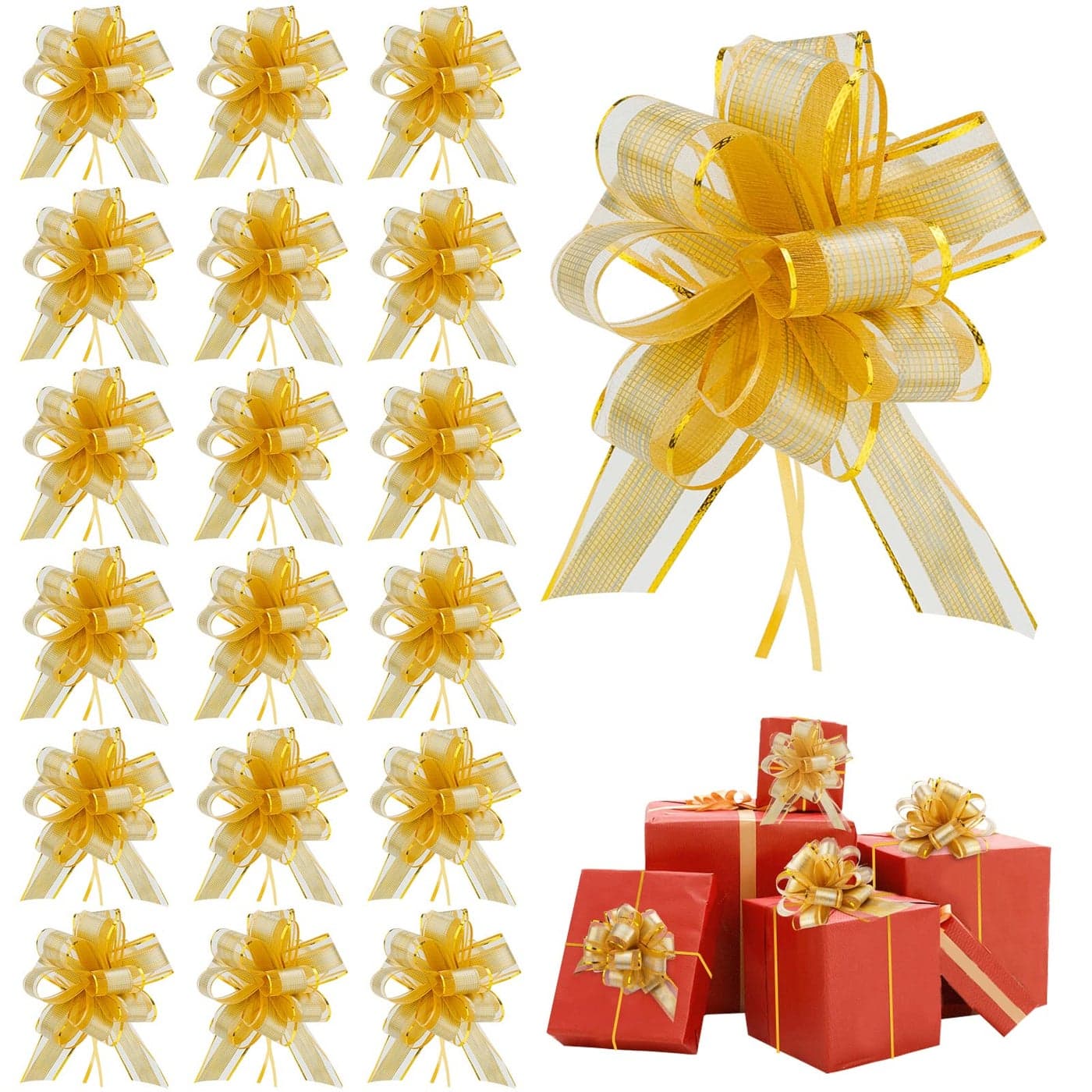 Amcami 20 Pieces Large Pull Bows for Gift Wrapping Christmas Big Gold Ribbon Bows for Xmas Gift Baskets Wine Bottles Decoration Gift Bows Organza Pull Bow for Wedding Party Birthdays Holidays