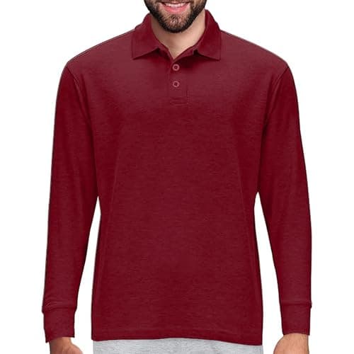 Premium Wear Long Sleeve Polo Shirt for Men, Cotton-Blend Fabric Golf Shirt with Collar, 3-Button Placket, Stain Guard, Elastic Cuffs, Side Split Hem, Casual Tennis Shirt Work & Play, Burgundy L