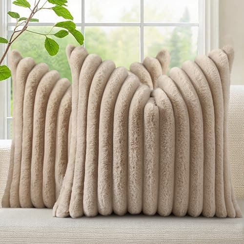 decorUhome Cozy Faux Fur Throw Pillow Covers 22x22 Set of 2 Decorative Soft Plush Striped Modern Farmhouse Boho Couch Euro Sham Pillow Cases with Velvet Back for Sofa Bed Living Room Khaki Brown
