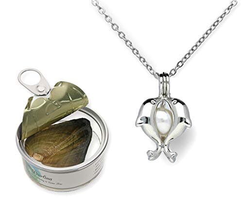 Pearlina Dolphins Necklaces for Women - Wish Pearl Necklace Womens Jewelry -Real Freshwater Cultured Pearl in oyster Locket Set - Pearls Necklace for Women - Silver tone Pendant Stainless steel chain