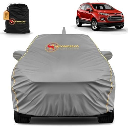 AUTOMOZEXO Fordd Ecosport 100% Waterproof Car Cover for All Weather Protection with Mirror & Antena Pocket Inner Cotton Triple Stitched Cover with Adjustable Belt Bottom Elastic to Secure Fit -Grey