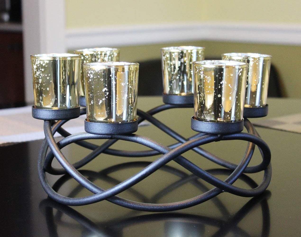 Seraphic Iron Round Table Decor Centerpiece Decorations Candle Holder for Weddings Outdoor Patio Kitchen Dining Room and Coffee Tables Glass Votive Tealight Holders Black 6 Gold Cups