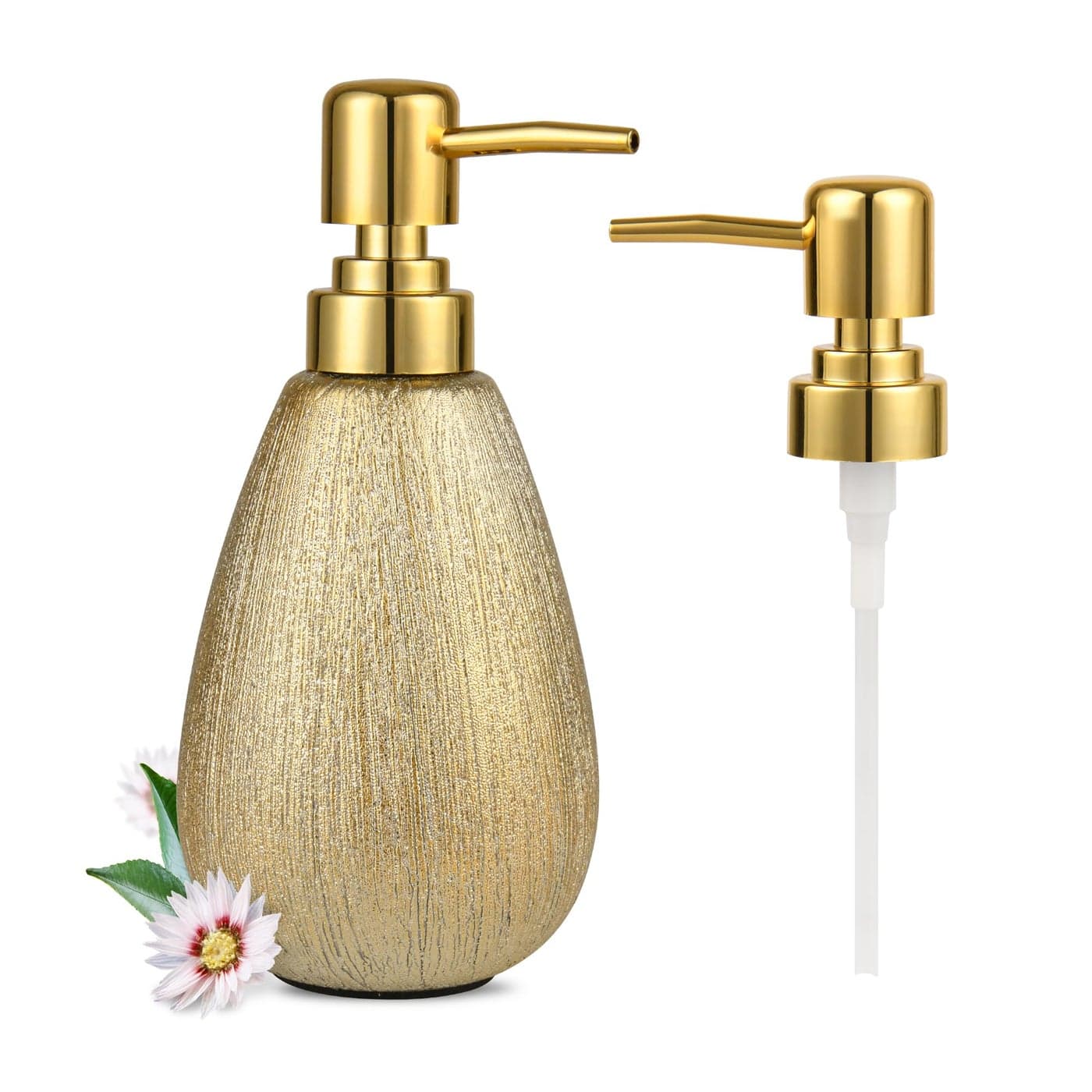 ABBI NIMO Brushed Gold Ceramic Soap Dispenser 11 oz Textured Hand or Dish Soap Dispenser with Golden Plastic Pump for Bathroom or Kitchen Countertop