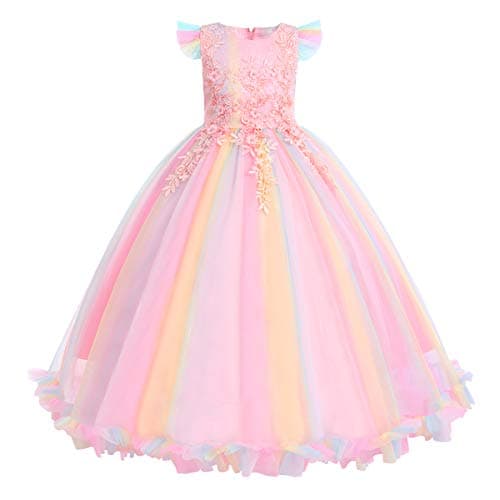 Flower Girls Embroidered Lace Bridesmaid Wedding Maxi Dress Sleeveless Floor Length Long Pageant Party Formal Princess First Communion Floral Boho Vintage Tulle Evening Dance Ball Gown Rainbow 11-12