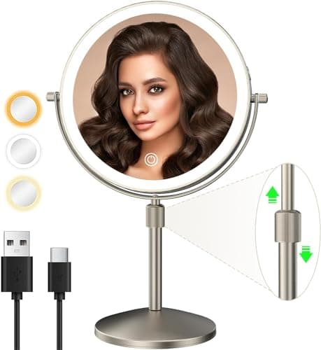 MIROAMZ 8" Lighted Makeup Mirror, 1X/10X Magnification with Light, Double Sided Dimmable, Rechargeable & Brightness & Height Adjustable, Cordless Vanity(Brushed Nickel)