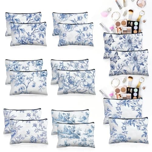 Stuffygreenus 16 Pcs Floral Cosmetic Bags Bulk for Women Blue and White Floral Makeup Bags Chinoiserie Canvas Travel Zipper Pouches Aesthetic Toiletry Bag for Girls Women Bridesmaids Wedding Supplies
