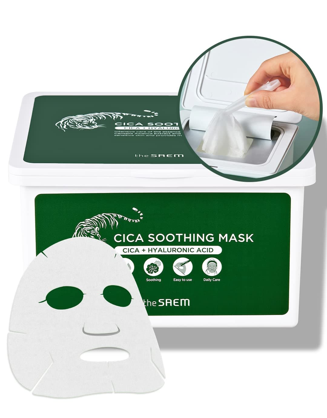 THESAEM Cica Soothing Mask 30ea Daily Calming Facial Mask Sheet Centella Asiatica Hyaluronic Acid and Panthenol Moisturizing Essence with Vegan Sheet Korean Skincare
